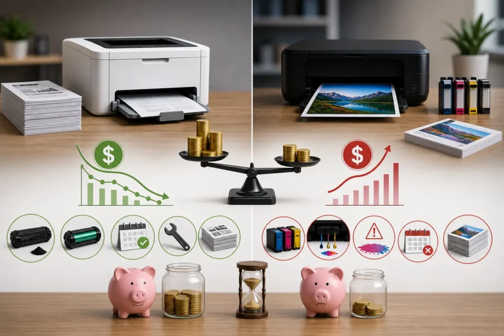 Laser Printer vs Inkjet Printer: A Complete Guide for Smart Buyers 4 The Hidden Cost of Laser Printer vs Inkjet (1-Year vs 3-Year Reality)