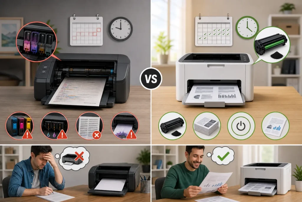 Laser Printer vs Inkjet Printer: A Complete Guide for Smart Buyers 5 The Idle Printer Problem — What Happens If You Don’t Print Often